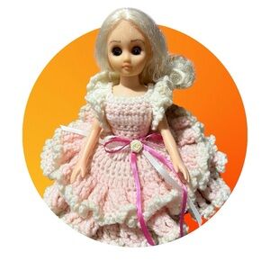 Elegant Pink and White Doll with Crochet Dress